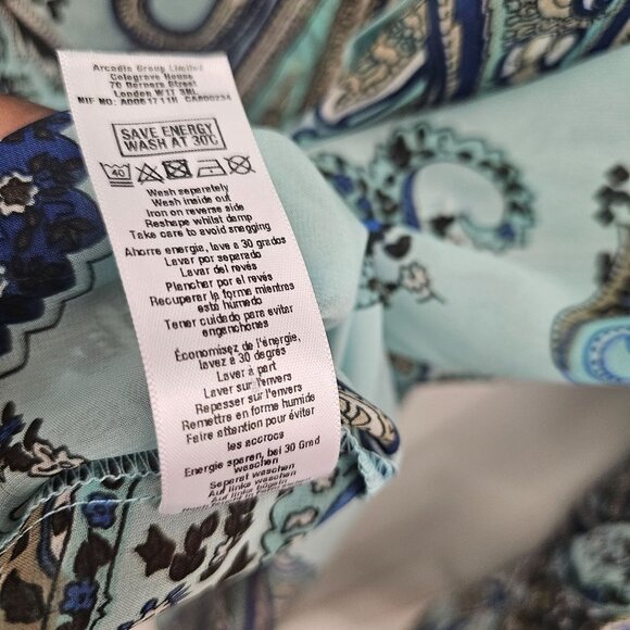 Wallis Blue, Beige, Brown, Off-white ColoredPaisley Sheer Blouse Size L - Picture 9 of 10